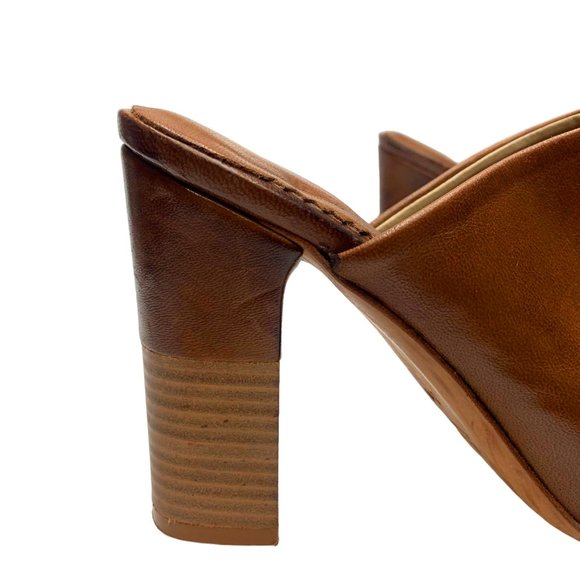 MARTE'S Walnut Brown Leather Open Toe Block Heel Mules - Picture 5 of 10